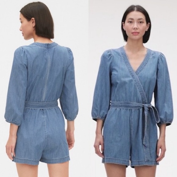 NWT Gap Puff Sleeve Denim Romper - Picture 1 of 5